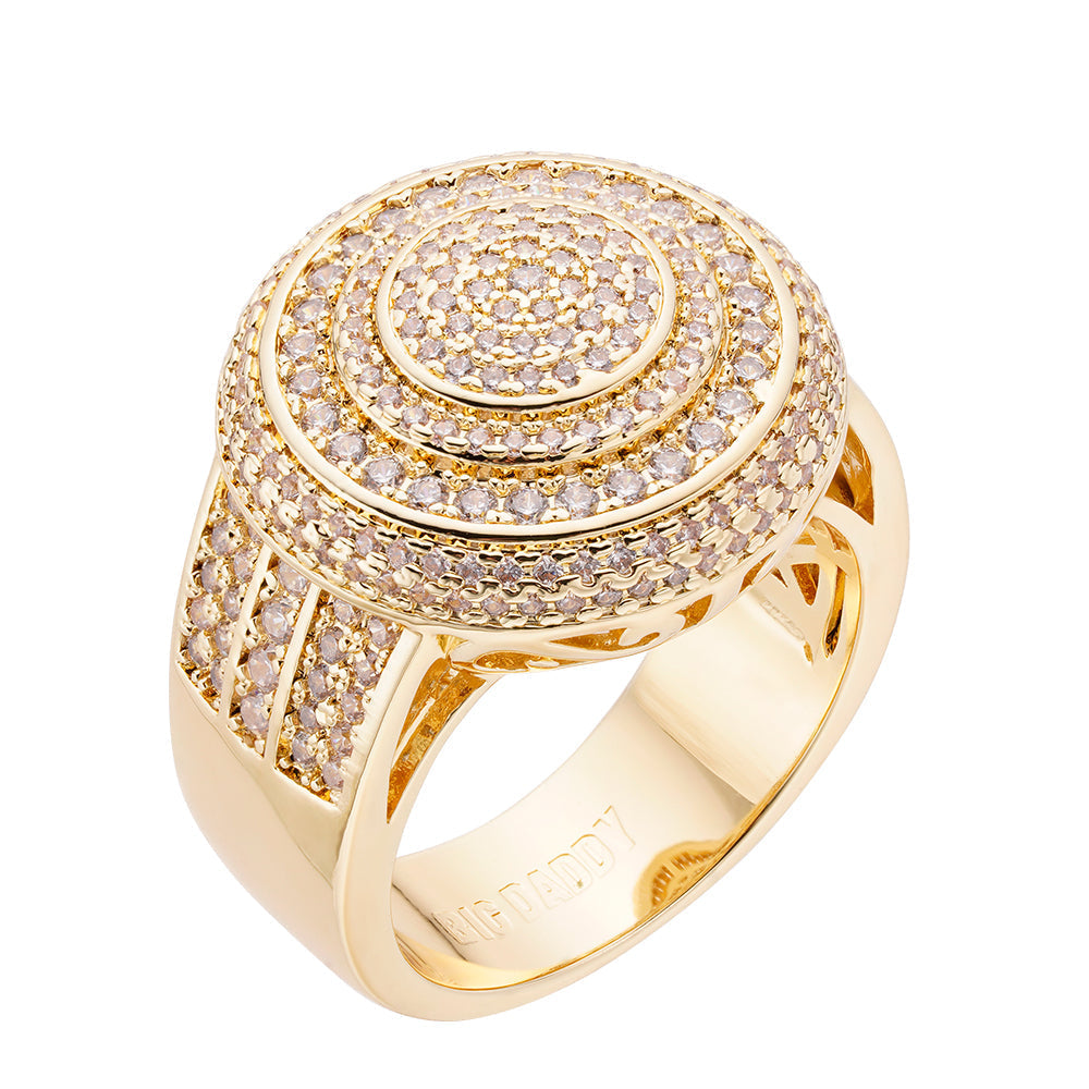 Gold iced out CZ ring with concentric circular CZ-set design on finger