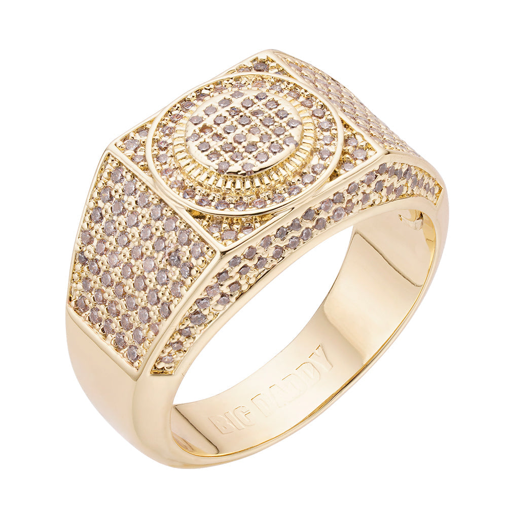 Gold iced out CZ ring with pave-set stones and rounded cushion bezel