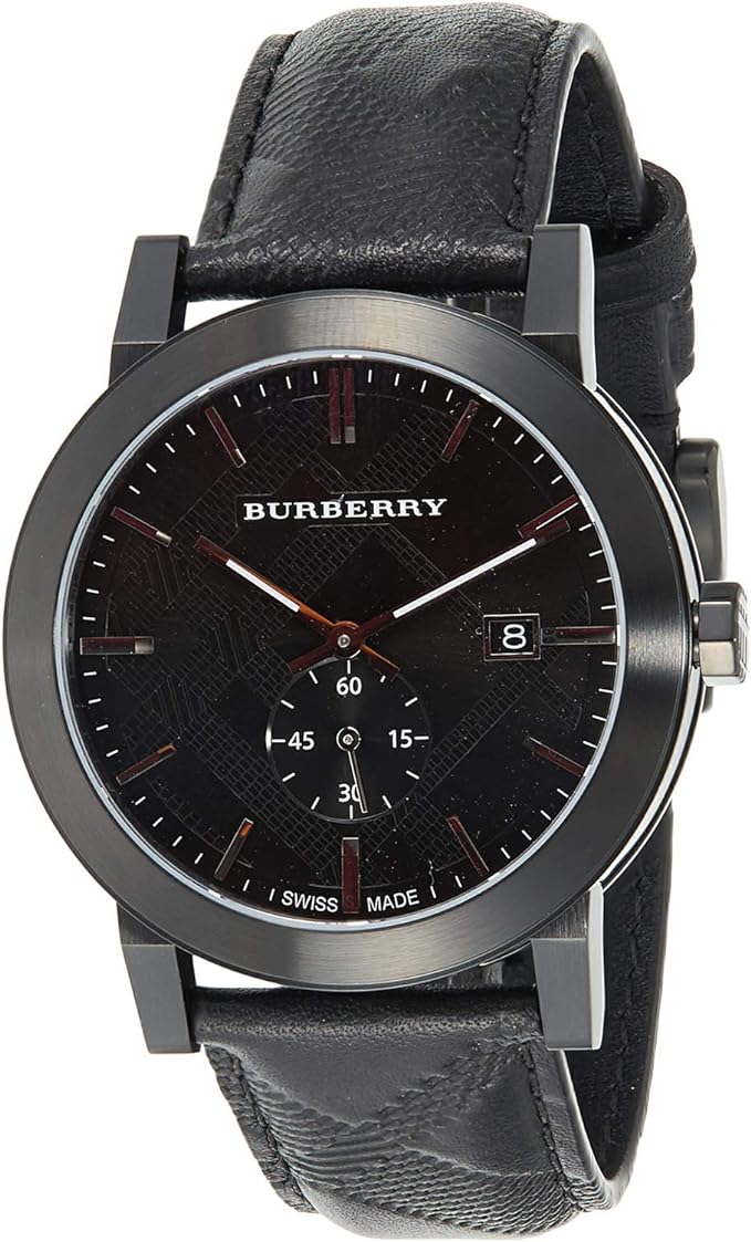 Burberry City men's watch with black dial, leather strap, and date window