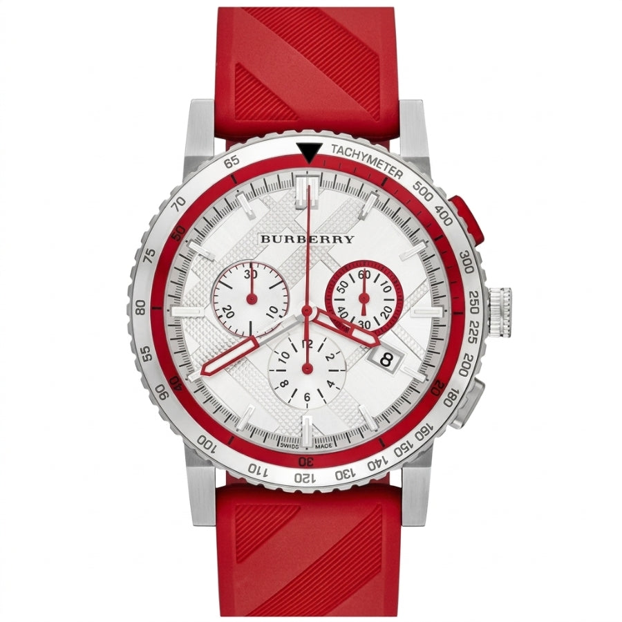 Burberry City Sport chronograph watch with white dial, red and white bezel, dual subdials, and red rubber strap