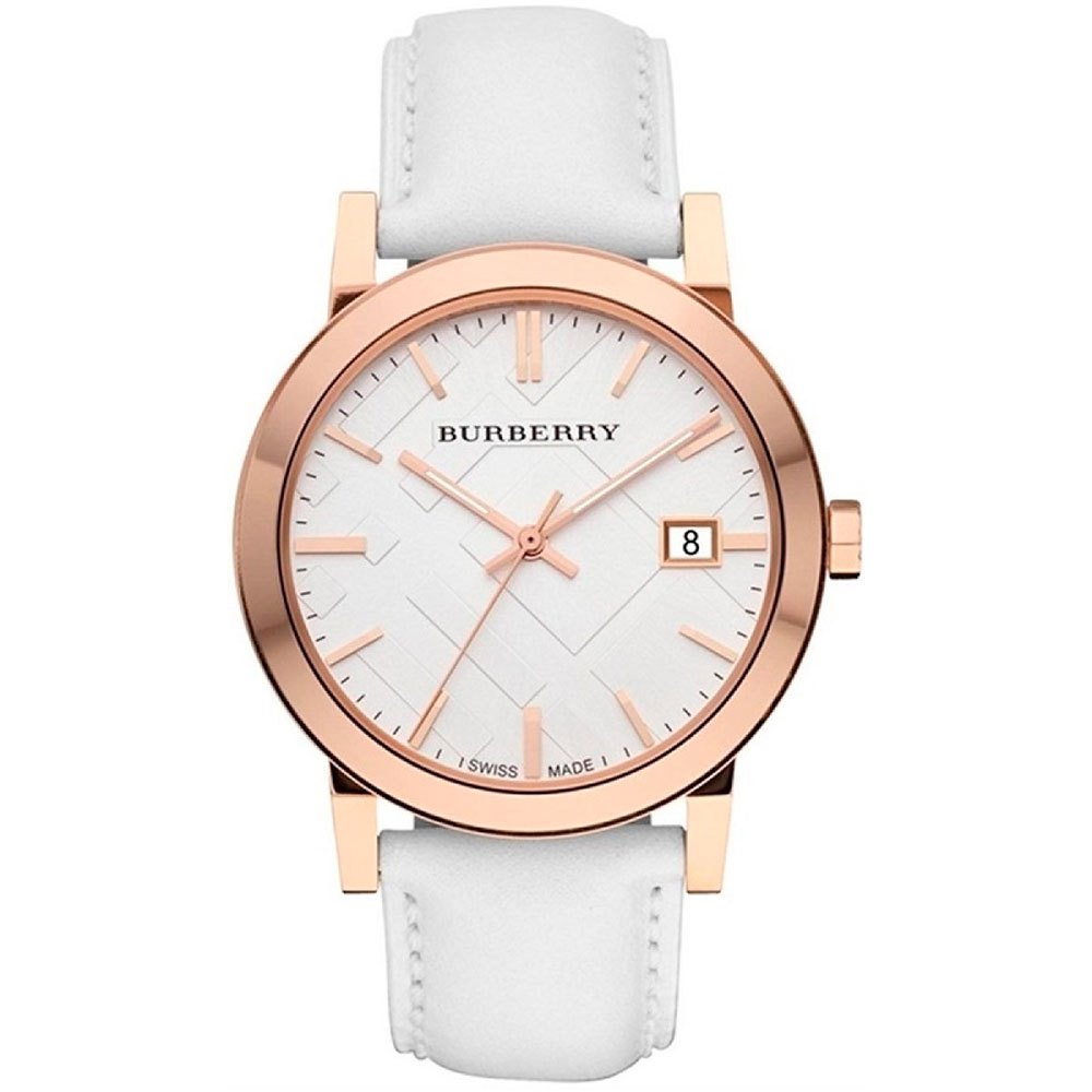 Burberry Rose Gold Case Large Check correa de cuero reloj unisex BU9012