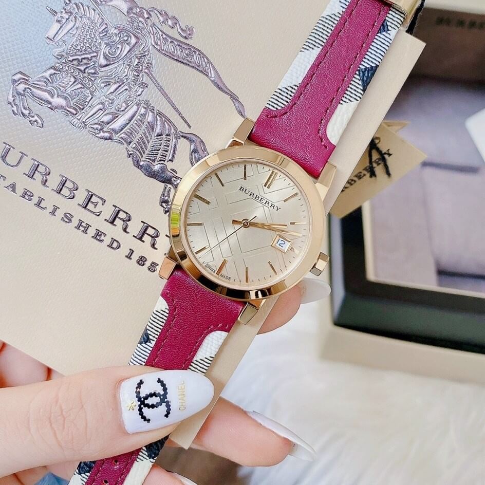 Burberry The City White Dial Haymarket Pink Leather Strap Watch for Women - BU9149