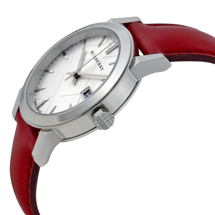 Burberry White Silver Dial Red Leather Ladies Watch BU9129