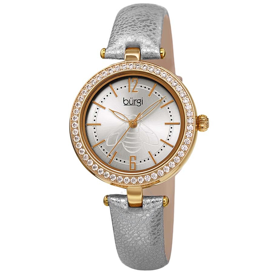 Burgi Crystal Silver Dial Silver Leather Ladies Watch BUR235YG - The Watches Men & Co