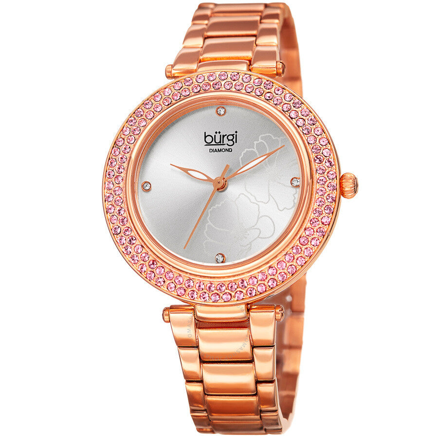 Burgi Flower Marker Diamond Crystal Silver Dial Ladies Watch BUR179RG - The Watches Men & Co
