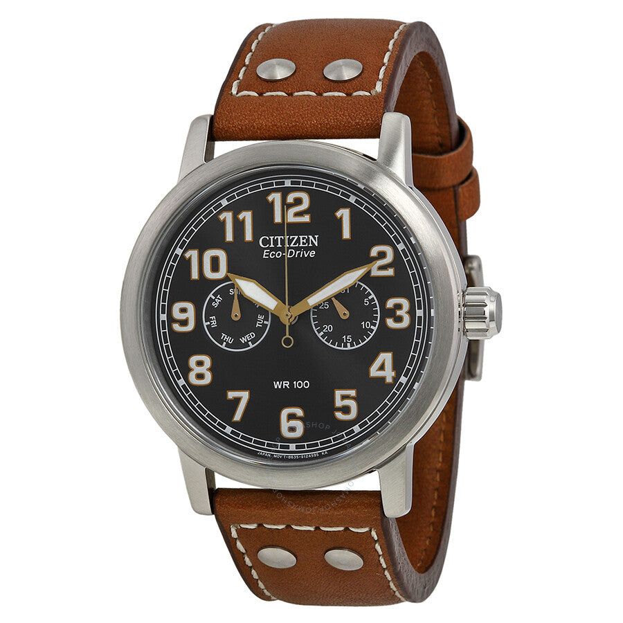 Citizen Avion Multi-Function Eco Drive Black Dial Brown Leather Men's Watch AO9030-05E - The Watches Men & Co