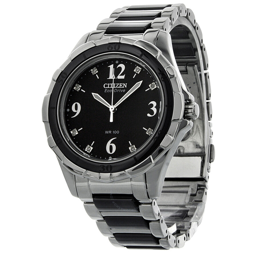 Citizen Ceramic Eco-Drive Diamond Black Dial Steel Black Ceramic Bracelet Ladies Watch EM0031-56E - The Watches Men & Co