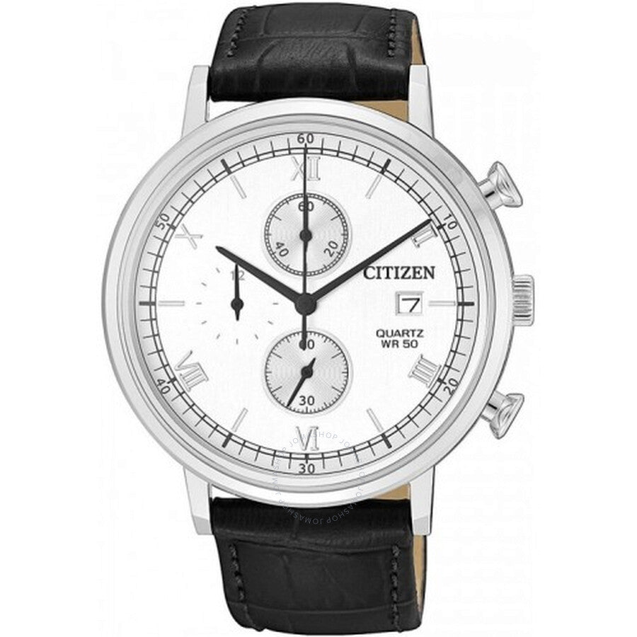 Citizen Chronograph Quartz White Dial Black Leather Men's Watch AN3610-12A - The Watches Men & Co