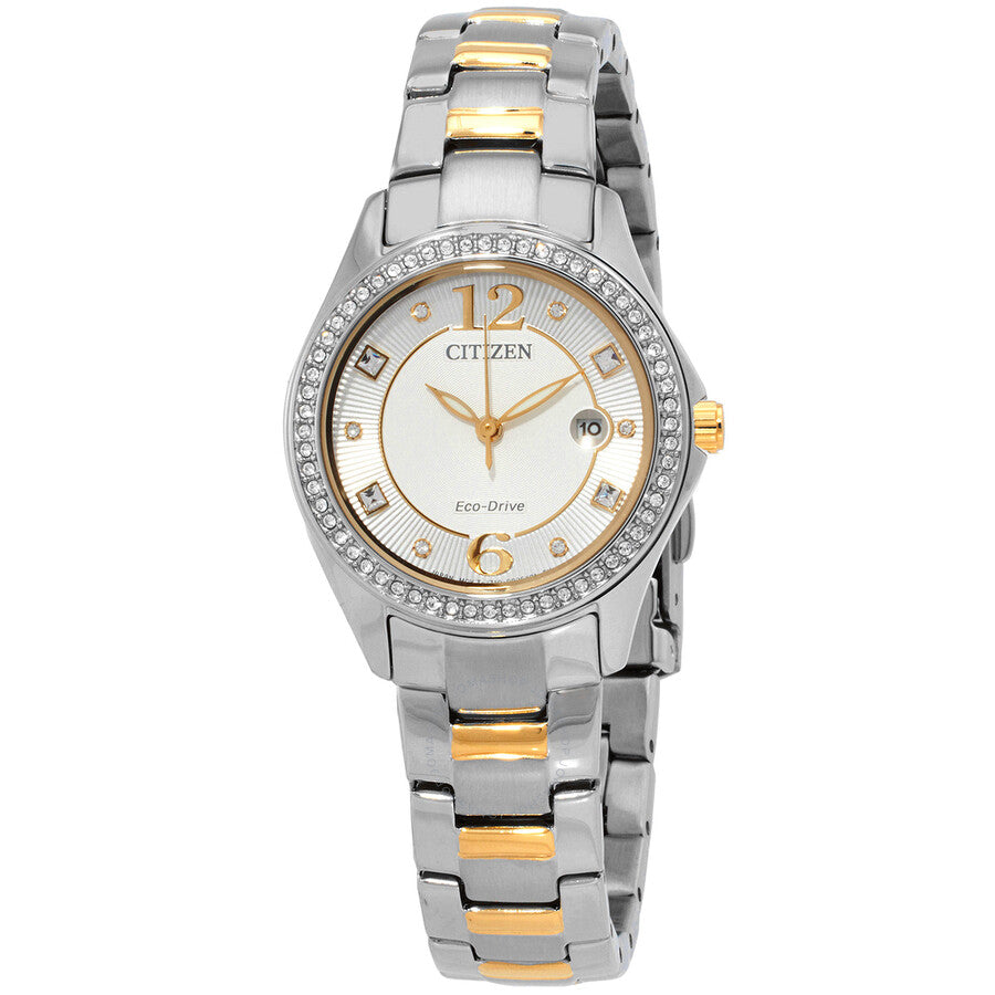 Citizen Crystal Eco-Drive Silver Dial Two-Tone Ladies Watch FE1146-71A - The Watches Men & Co