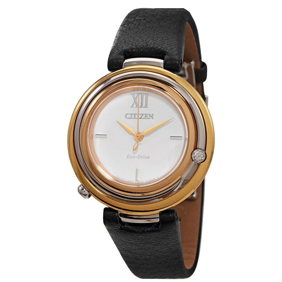 Citizen Diamond White Dial Black Leather Ladies Watch EM0656-15A - The Watches Men & Co