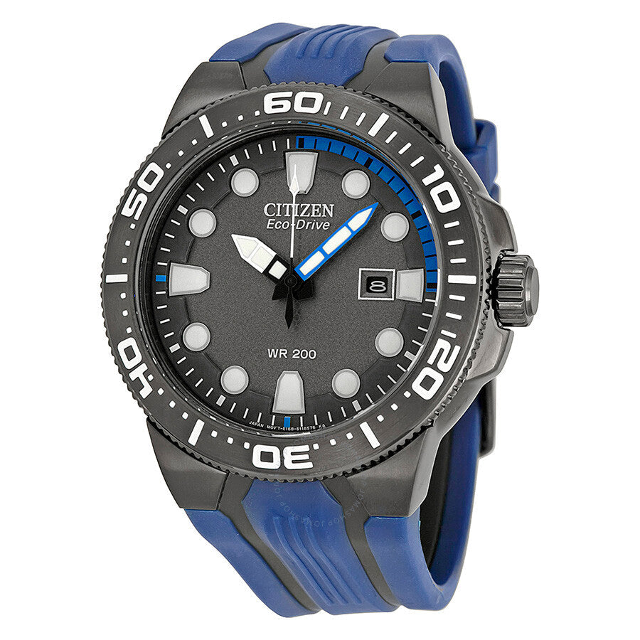 Citizen Eco Drive Reloj de hombre de goma azul con esfera negra BN0097-02H