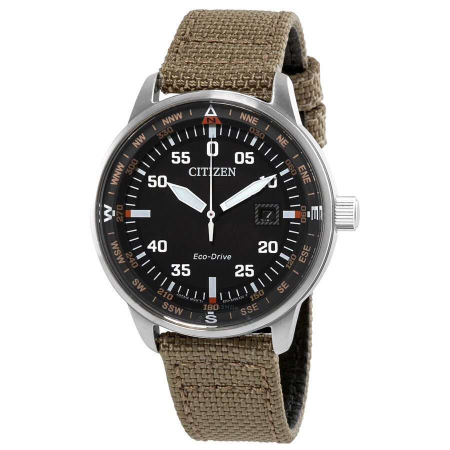 Reloj Citizen Eco-Drive para hombre con esfera negra y tela marrón BM7390-06E