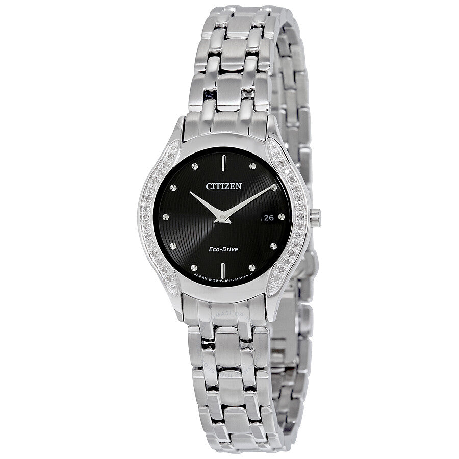 Citizen Eco-Drive Reloj de mujer de acero inoxidable con esfera negra y diamantes GA1060-57E