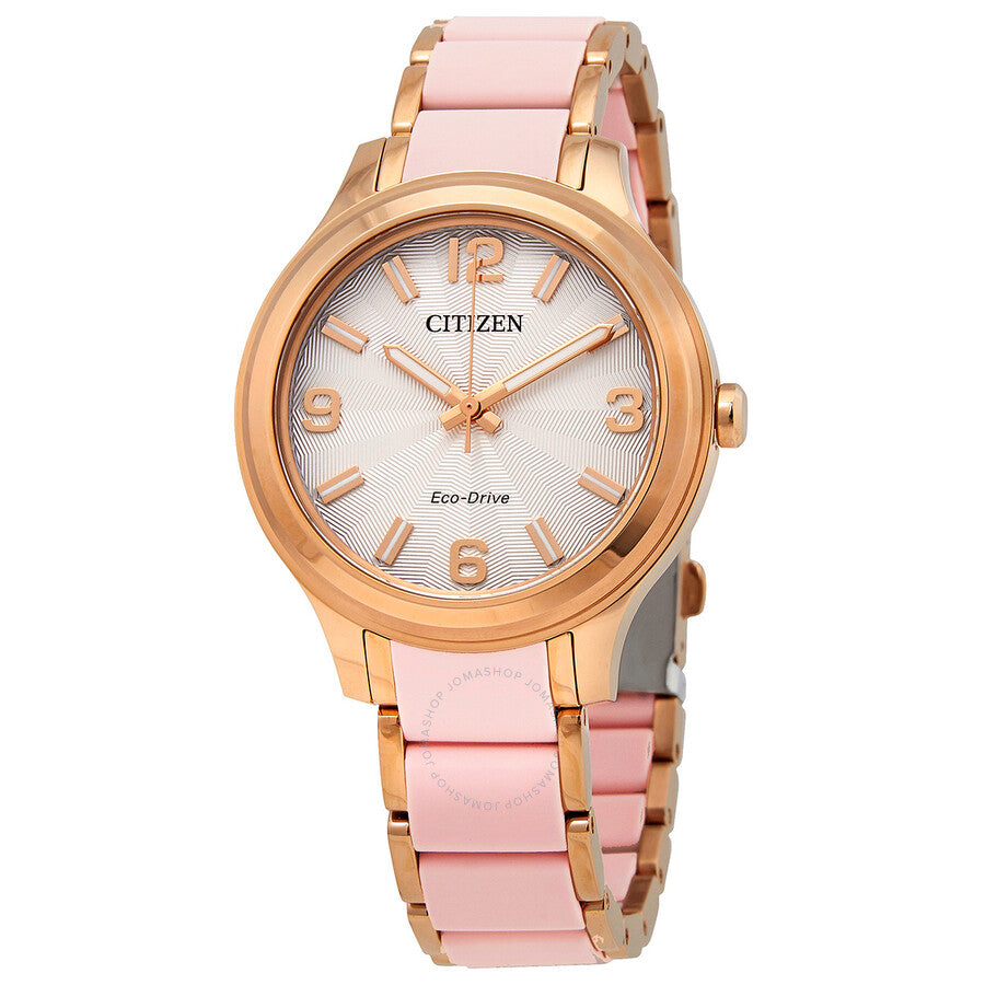 Citizen Eco-Drive Silver Dial Rose Gold tone Ladies Watch FE7078-85A - The Watches Men & Co