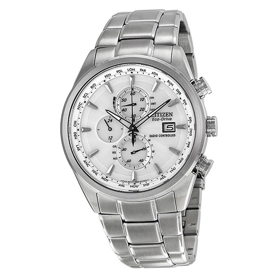 Citizen Eco-Drive World Chronograph A-T White Dial Stainless Steel Men's Watch AT8010-58B - The Watches Men & Co