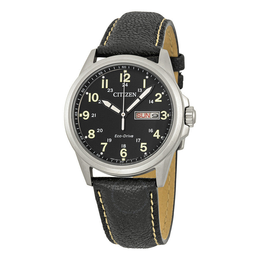 Citizen Military Eco-Drive Reloj para hombre de cuarzo con esfera negra y cuero negro AW0040-01E