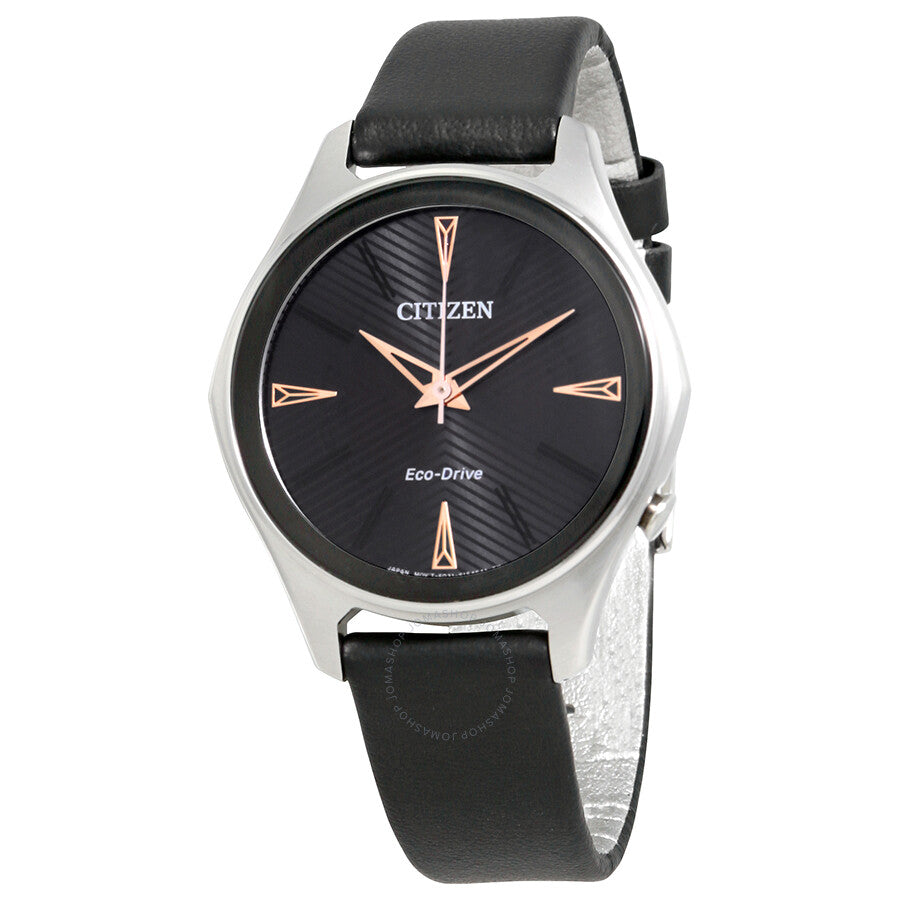Citizen Modena Black Dial Black Leather Ladies Watch EM0591-01E