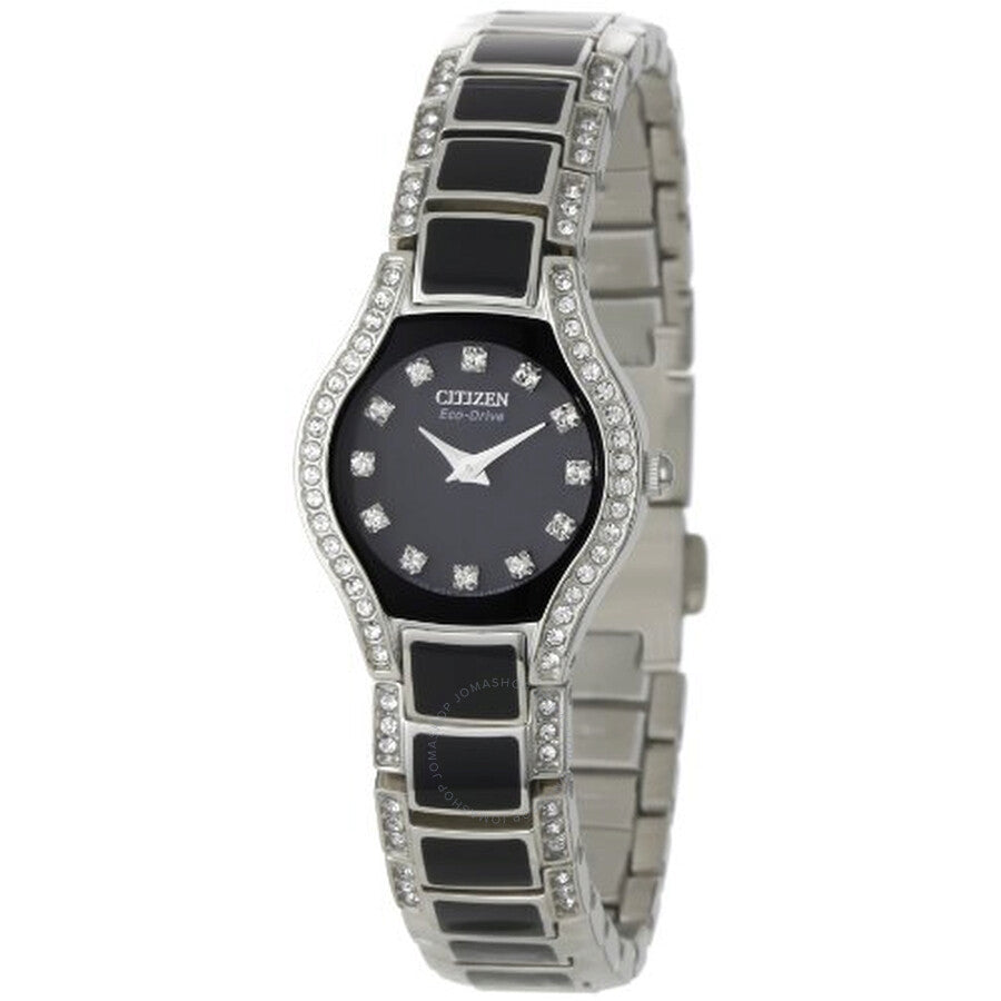 Citizen Normandie Eco-Drive Black Dial Swarovski Crystal Stainless Steel Ladies Watch EW9870-56E