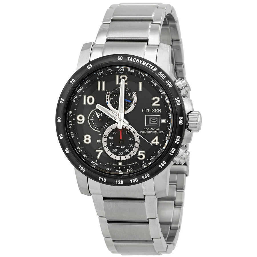 Citizen Perpetual Alarm World Time Chronograph GMT Black Dial Watch AT8124-83E - The Watches Men & Co