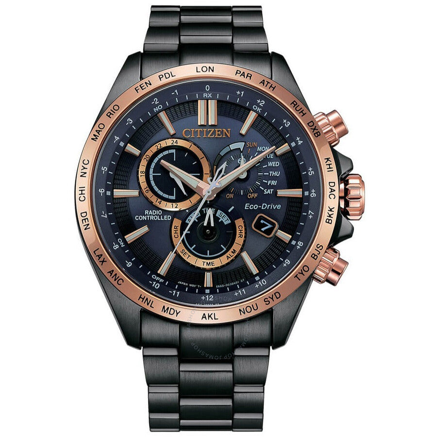 Citizen Perpetual Alarm World Time Chronograph GMT Eco-Drive Blue Dial Men's Watch CB5956-89L - The Watches Men & Co