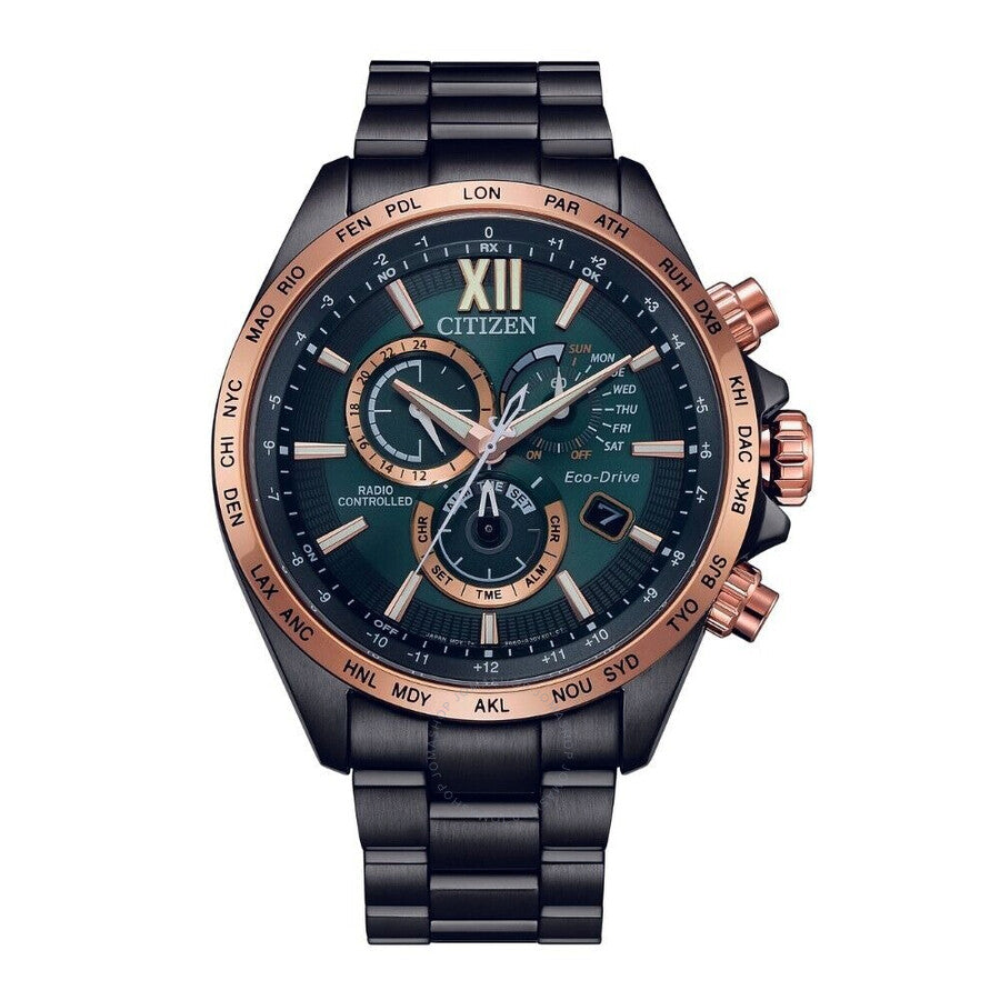 Citizen Perpetual Alarm World Time Chronograph GMT Eco-Drive Green Dial Men's Watch CB5956-89X - The Watches Men & Co