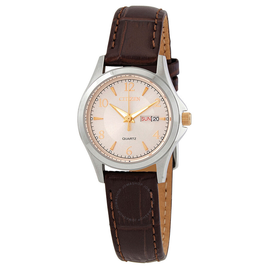 Citizen Quartz Beige Dial Brown Leather Ladies Watch EQ0599-20X - The Watches Men & Co