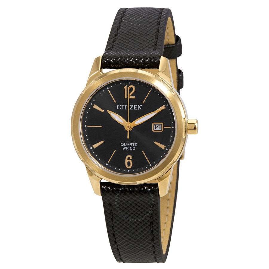 Citizen Quartz Black Dial Black Leather Ladies Watch EU6078-09E - The Watches Men & Co
