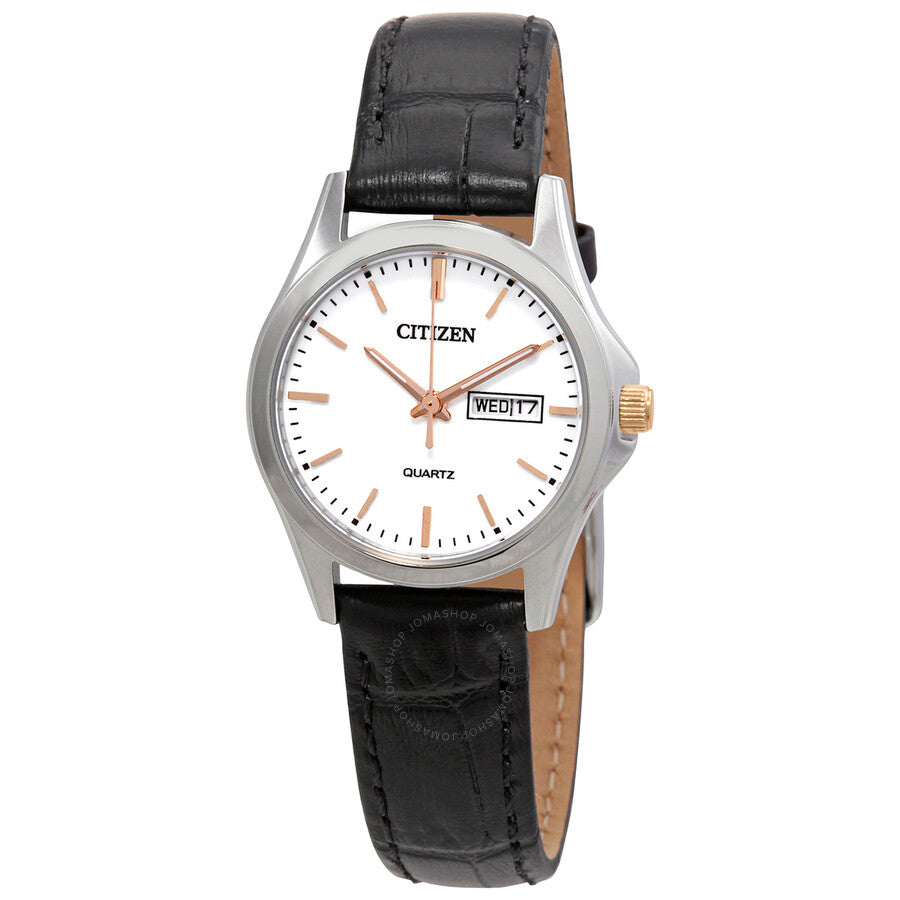 Citizen Quartz White Dial Black Leather Ladies Watch EQ0599-11A - The Watches Men & Co