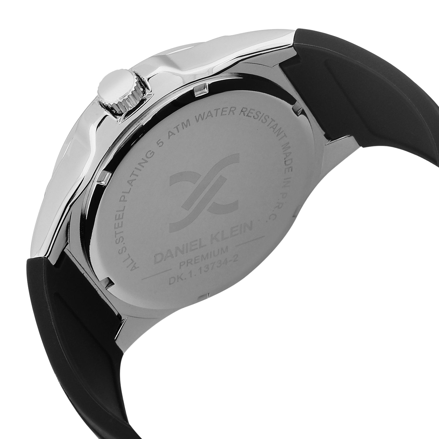 Caseback of Daniel Klein watch displaying premium branding and water resistance specifications