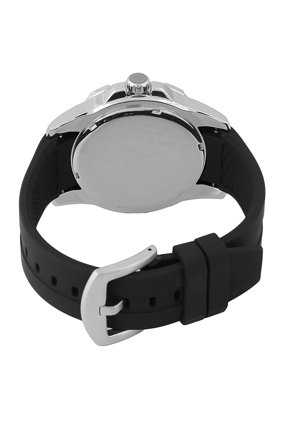 Back view of Daniel Klein Premium watch with silver caseback and black silicone strap