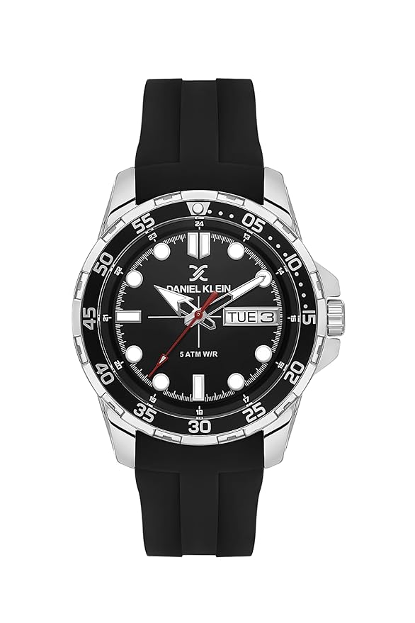 Daniel Klein Premium black dial watch with day-date window and silver silicone strap