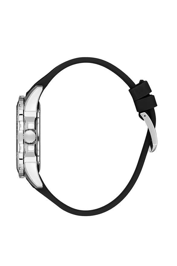 Side view of Daniel Klein Premium watch showing silver case and black silicone strap