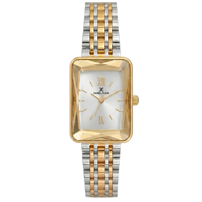 Daniel Klein rectangular two-tone watch with gold and silver bracelet, white dial, and roman numerals