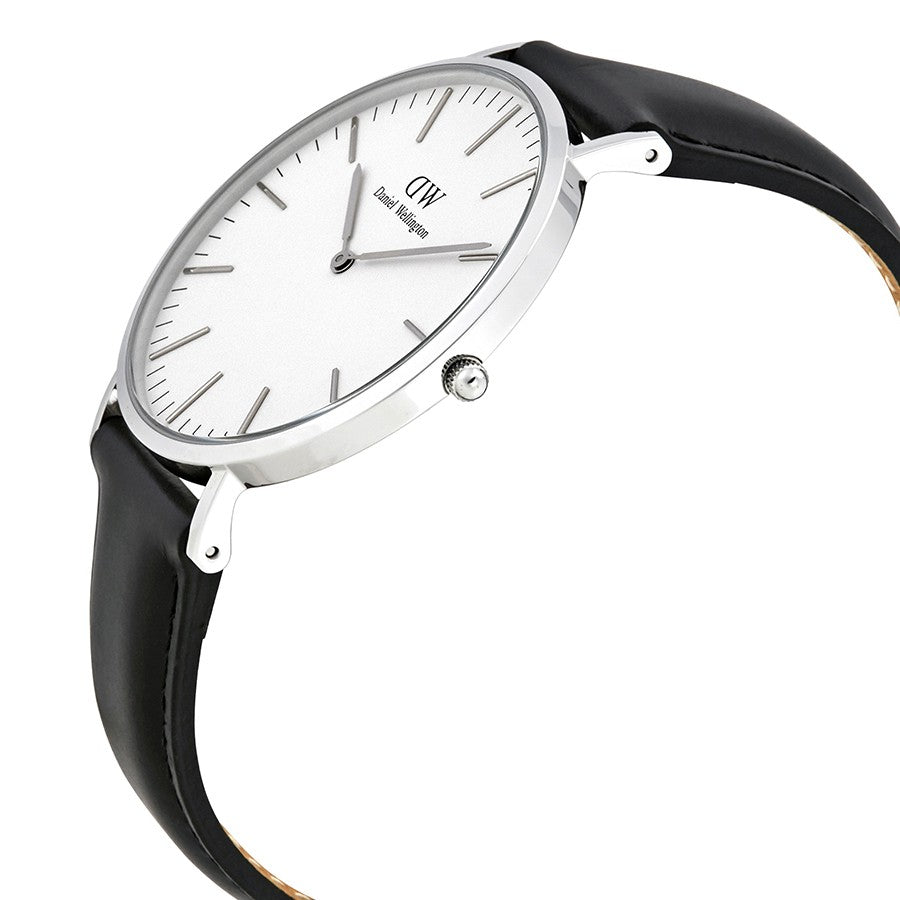 Daniel Wellington Sheffield 40mm White Dial Black Genuine Leather Men's Silver Watch - DW00100020