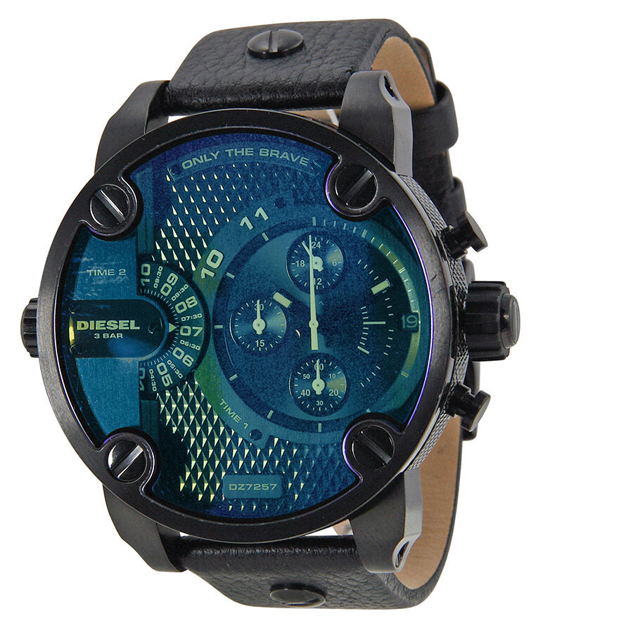 Diesel Bad Ass Reloj cronógrafo para hombre, esfera azul, piel negra, DZ7257
