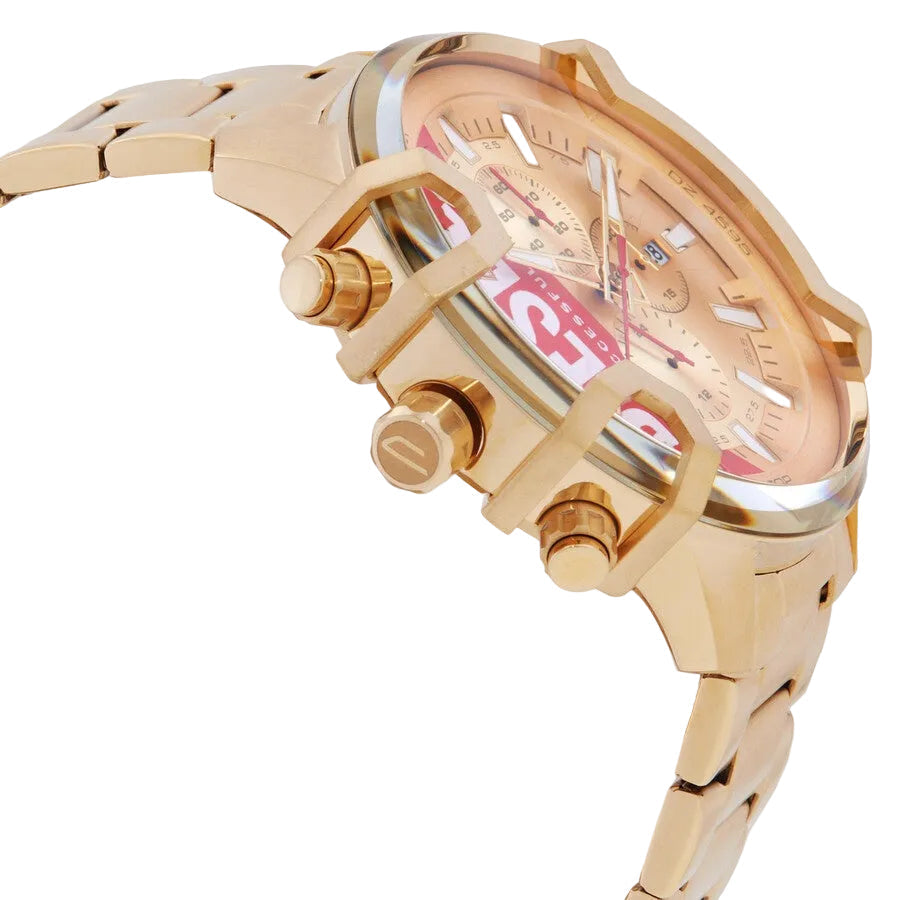 Side angle view of Diesel Griffed DZ4595 showing chronograph pushers and gold case profile