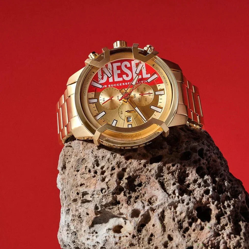 Diesel Griffed DZ4595 chronograph watch displayed on textured stone with red background