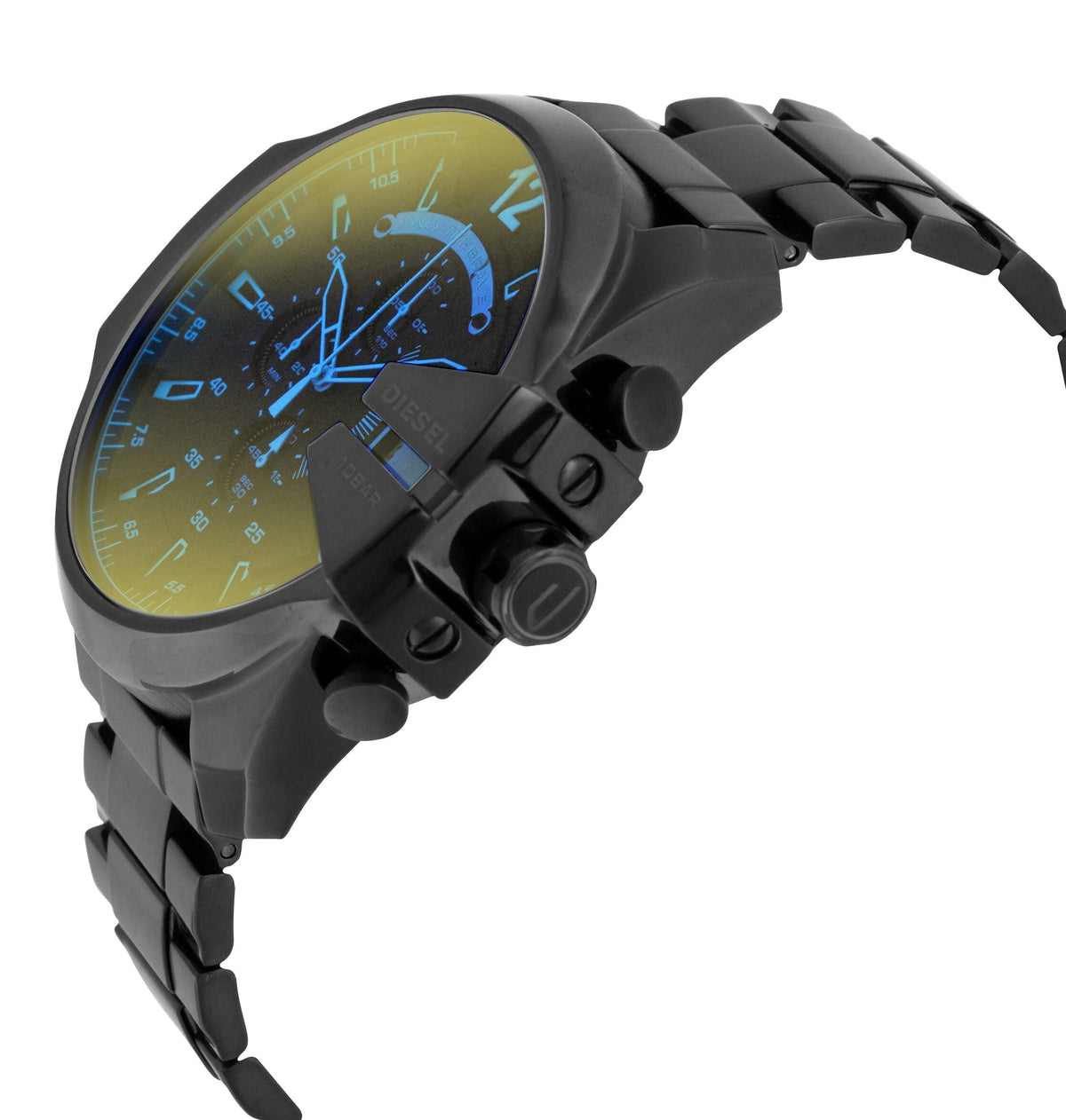 Diesel Mega Chief watch side view showing black ion-plated stainless steel case and bracelet