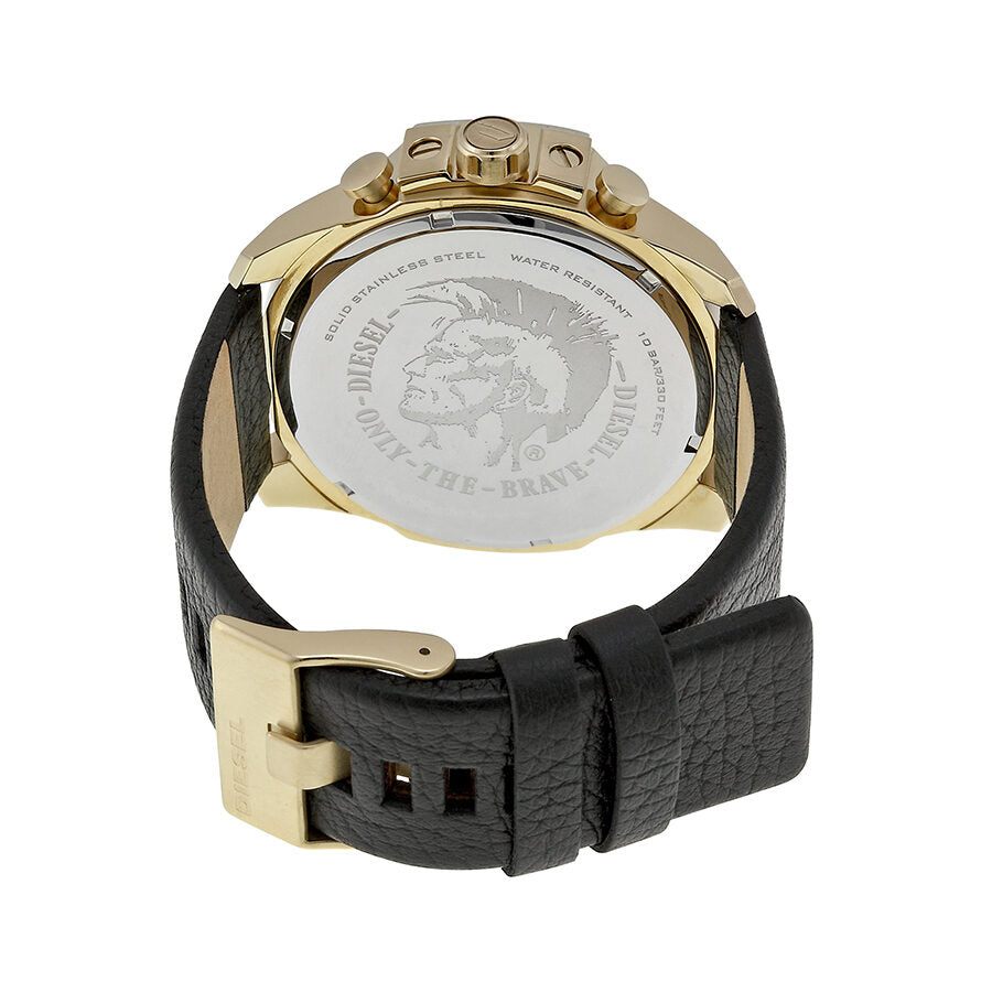 Diesel Mega Chief watch caseback with engraved logo and black leather strap