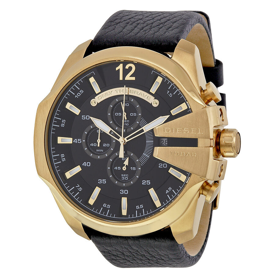 Diesel Mega Chief gold case black dial chronograph watch with leather strap