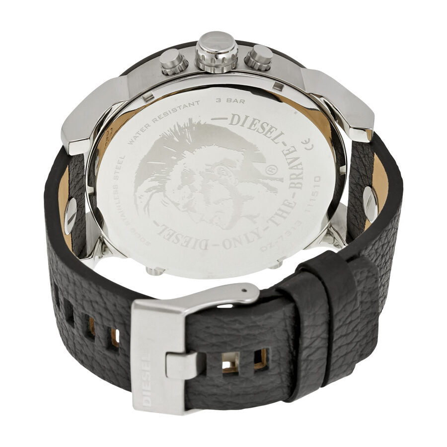 Diesel Mr. Daddy 2.0 case back showing engraved DIESEL branding and black leather strap
