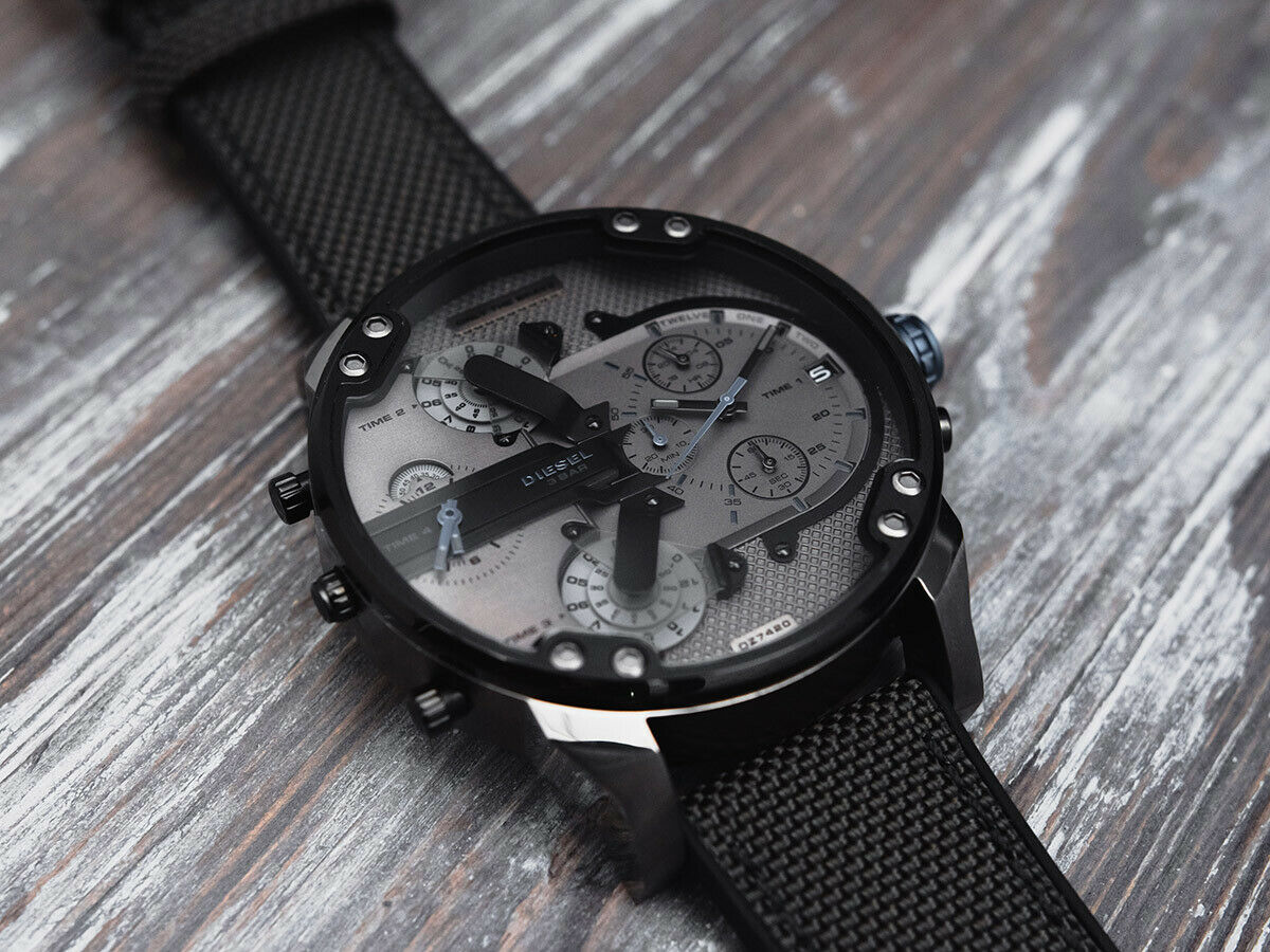 Diesel Mr. Daddy 2.0 chronograph watch angled view on fabric background