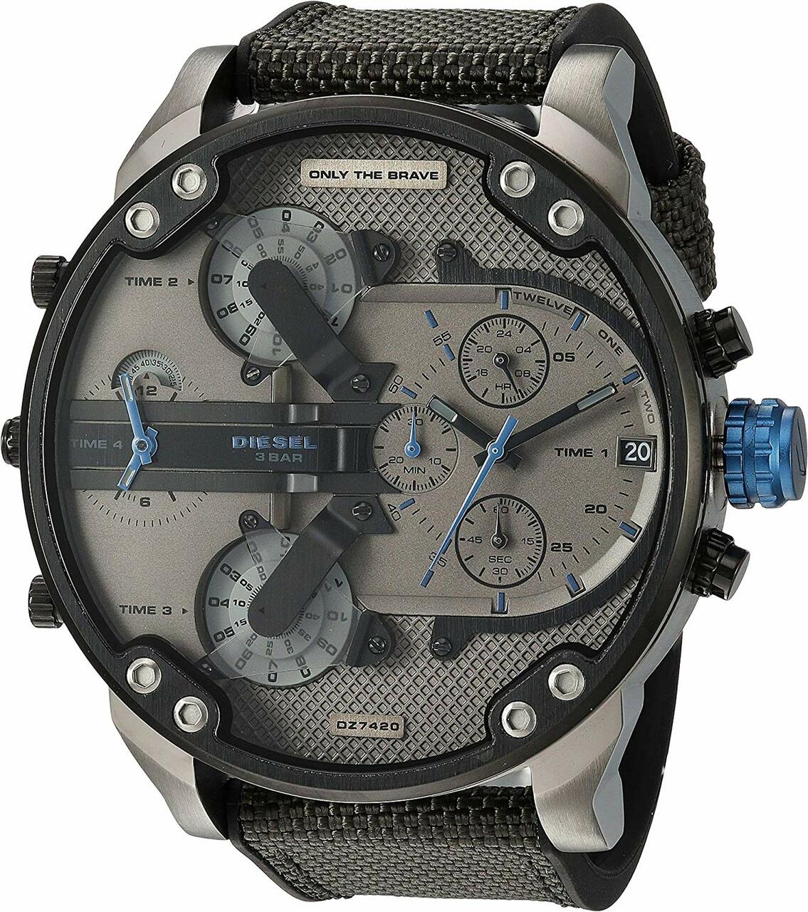 Diesel Mr. Daddy 2.0 chronograph watch with gray dial, multiple subdials, blue hands, and black fabric strap
