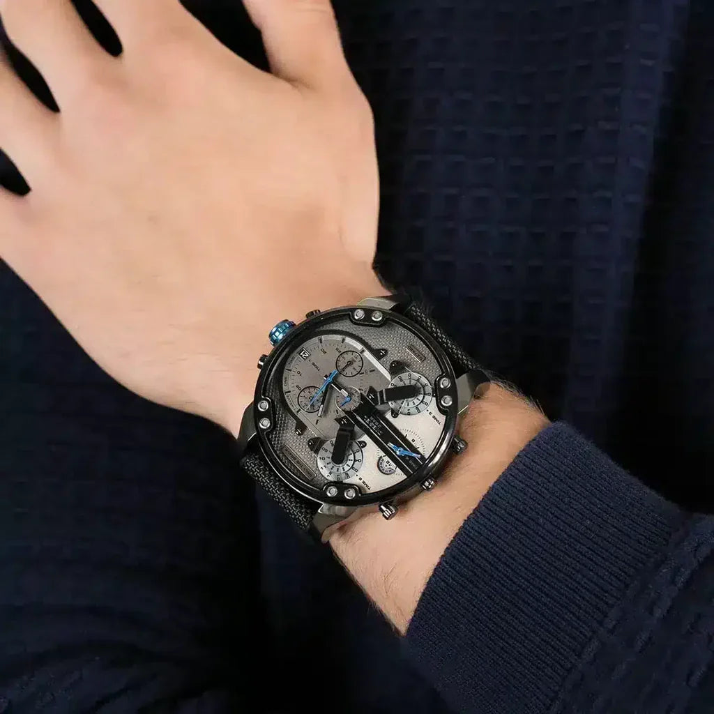 Diesel Mr. Daddy 2.0 chronograph watch worn on wrist with black fabric strap
