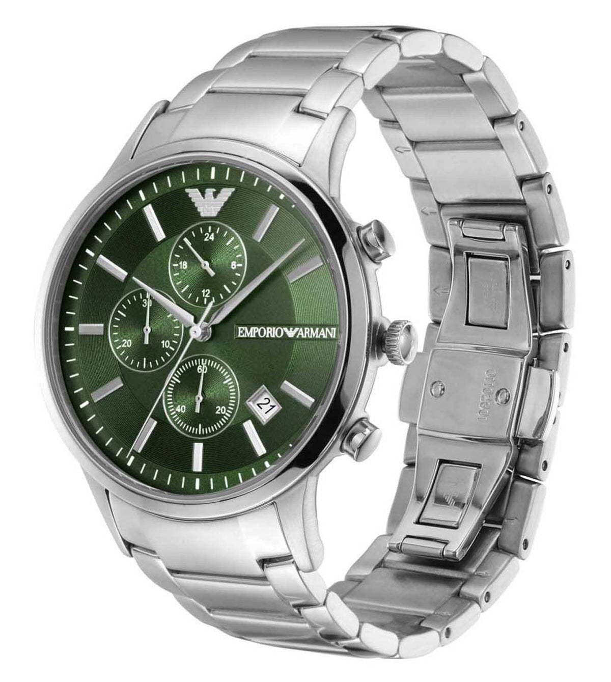 Side angled view of Emporio Armani AR11507 chronograph with three subdials