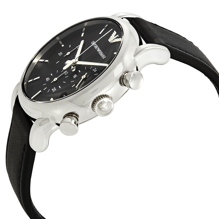 Side angle view of Emporio Armani AR1733 showing silver case and black leather strap