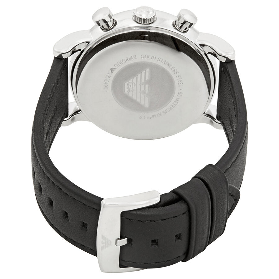 Caseback of Emporio Armani AR1733 with engraved eagle logo and black leather strap
