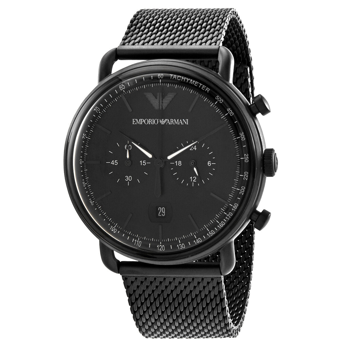 Emporio Armani Aviator chronograph watch with black dial, tachymeter bezel, and black mesh strap