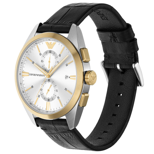 Emporio Armani Claudio watch angled view showing two-tone case, white dial, and black leather strap