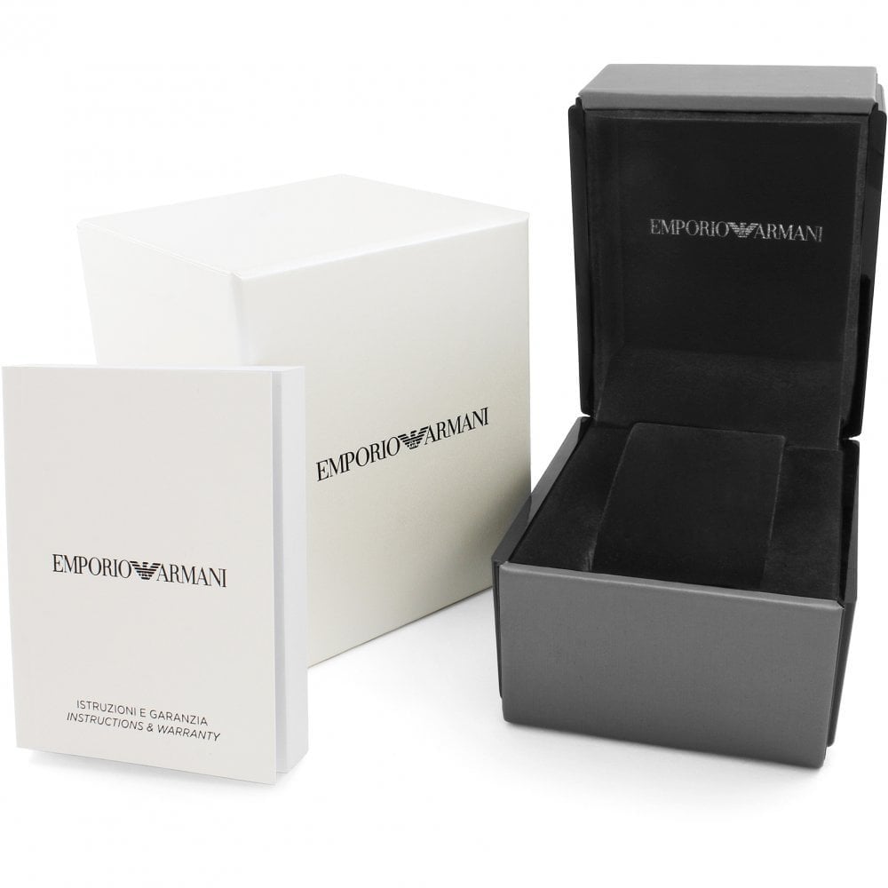 Emporio Armani watch packaging including white branded box and black presentation case